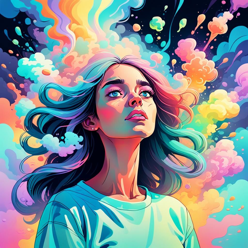 Hallucinating Woman in Cartoon Style with Pastel Colors