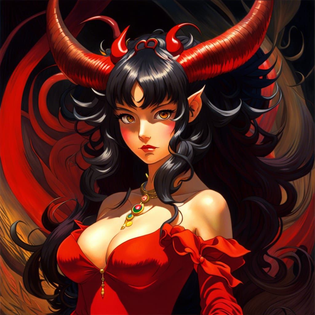 Anime Demon Girl with Spiral Horns