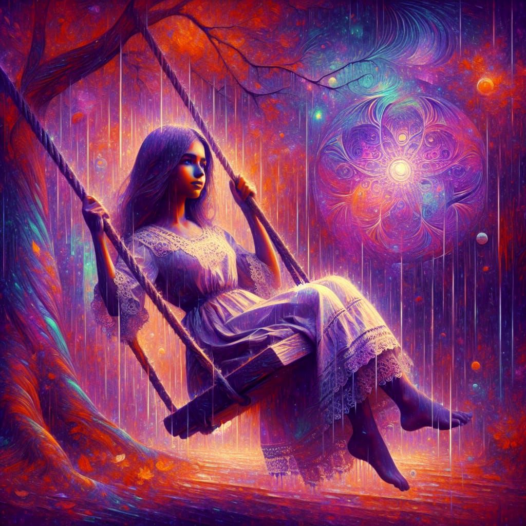 Girl Swinging in Rain: Arts and Crafts Style