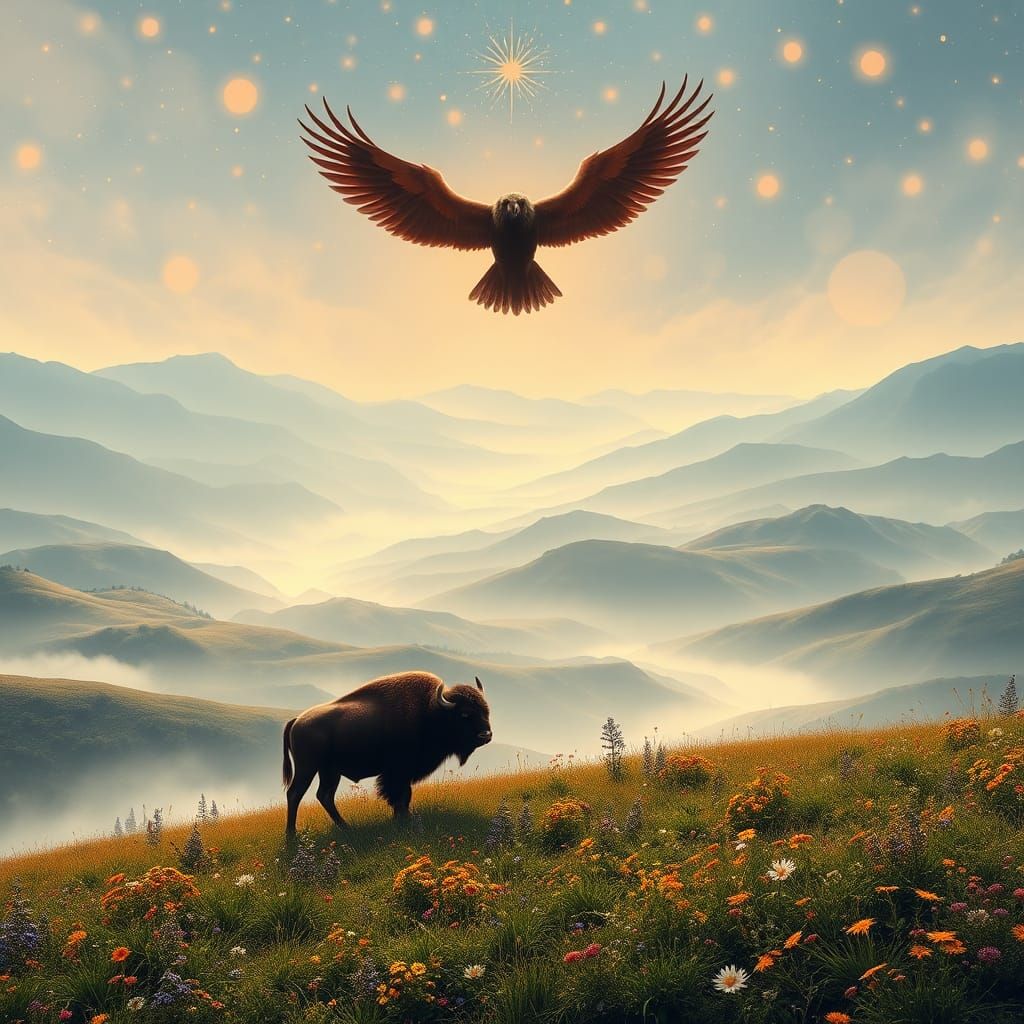 Dreamlike Buffalo Landscape with Eagle, Ethereal Light