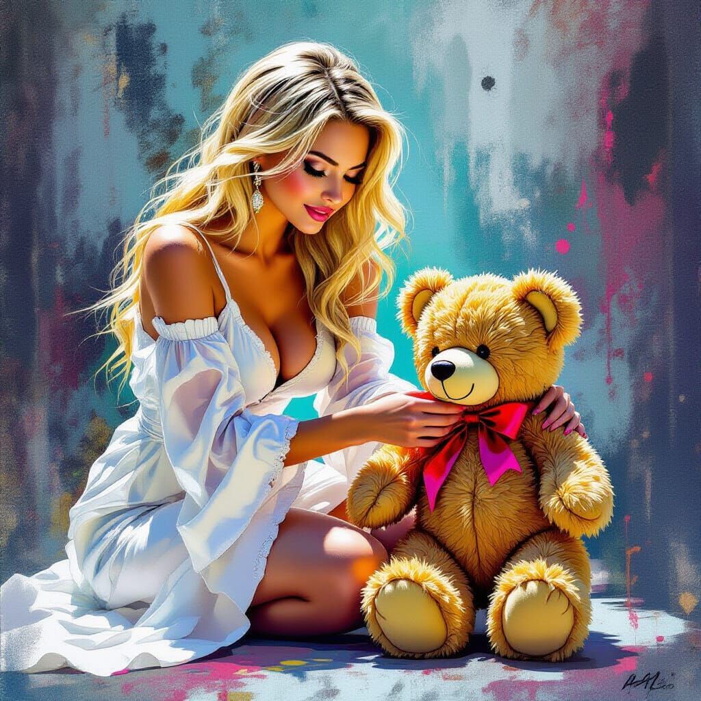 Pinup Lady with Teddy Bear in Digital Art Style