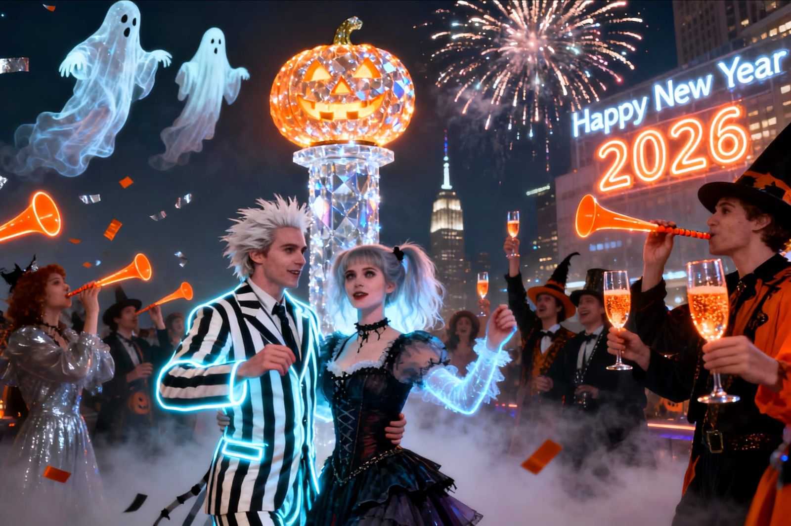Beetlejuice and Lydia Deetz at a Foggy New Year's Eve Ball