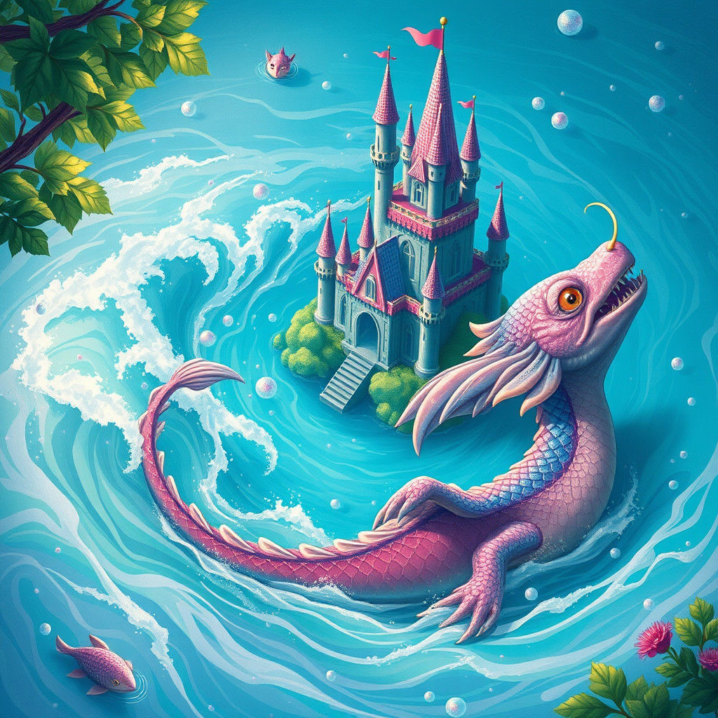 Teal and Rose Castle with Dragon-Fish Creature