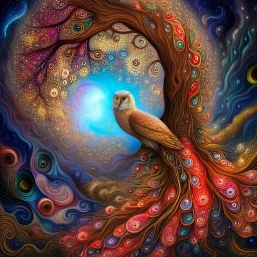 Phoenix and Owl Babies in Fractal Dreamscape