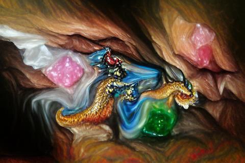 Gemstone Dragon Chases Wizard: Oil Painting