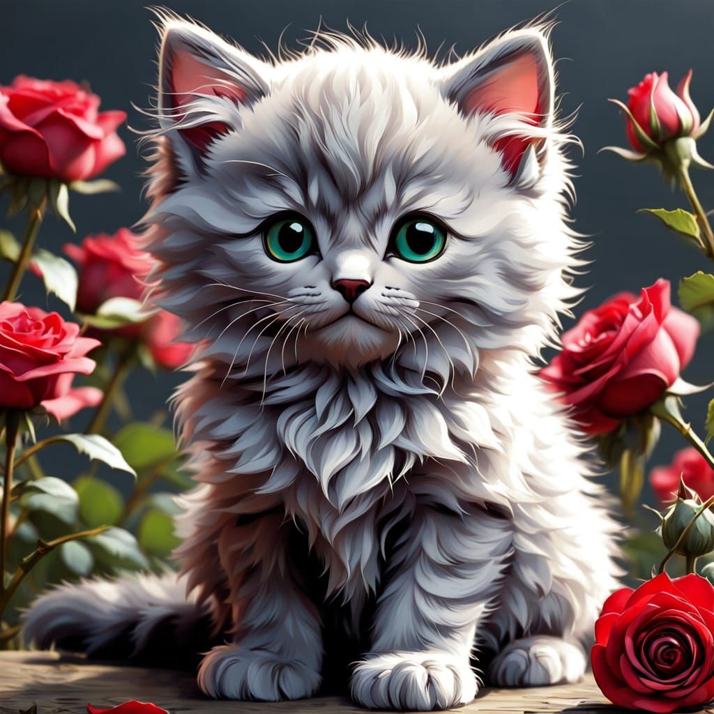 Chibi Kitten in Vibrant Floral Wonderland