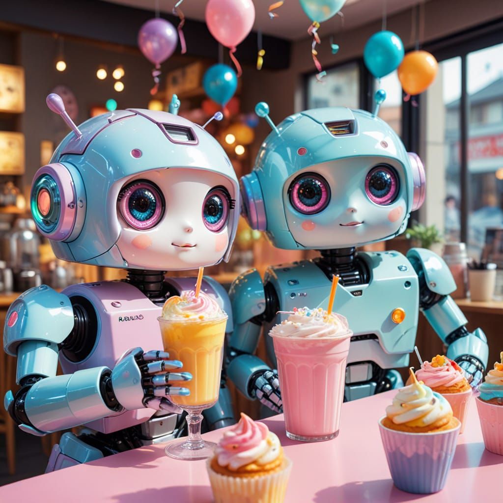 Kawaii Robot Cafe in Japanese Pop Art Style