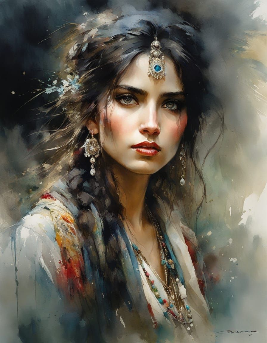 Watercolor Portrait of a Beautiful Gypsy Woman