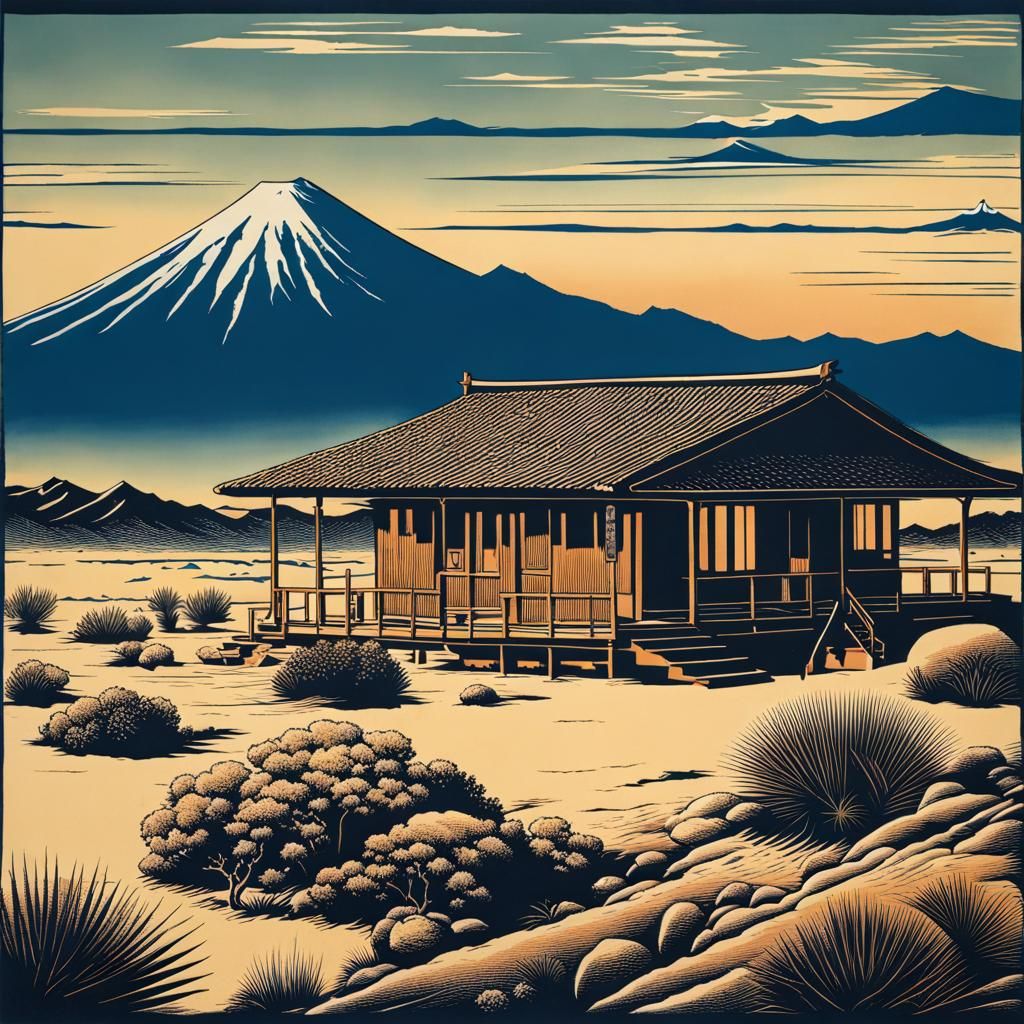 Desert Motel in Hokusai Block Print Style