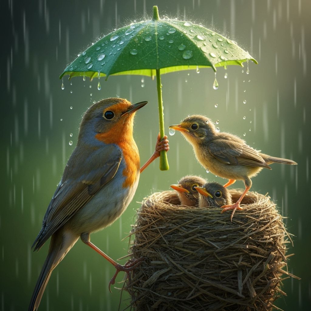 Robin Uses Leaf as Umbrella for Chicks in Rain
