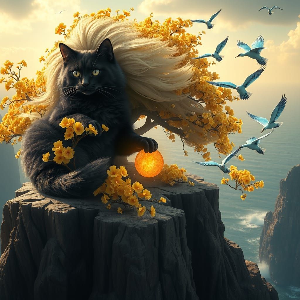 Golden Flowered Cat on Cliff in Fantasy Art