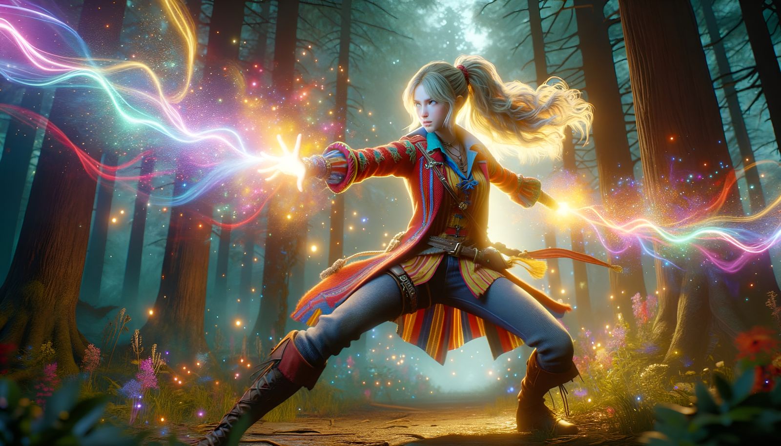 Woman Wielding Magic in Forest Battle