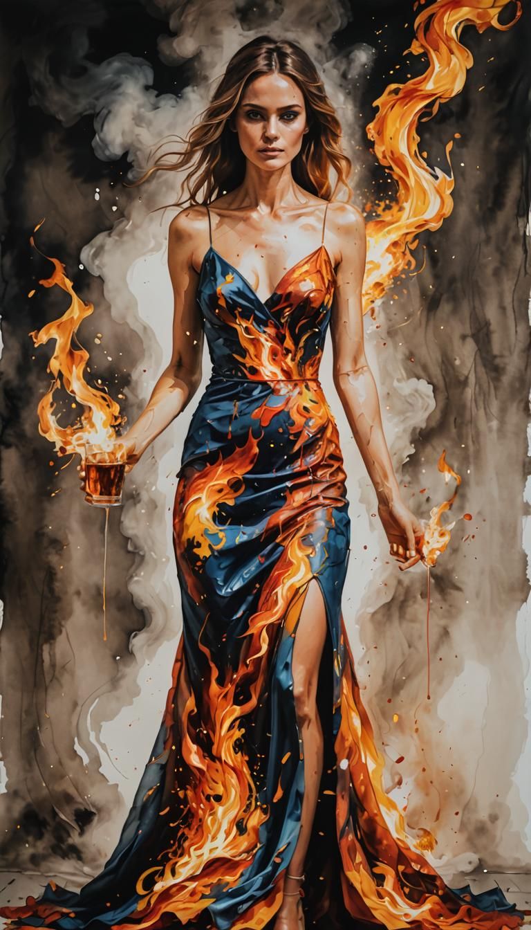 Woman in Dress Made of Fire: Alcohol Painting
