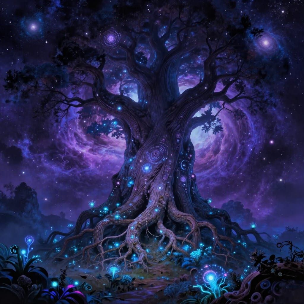 Ancient Celestial Tree in Cosmic Nebula