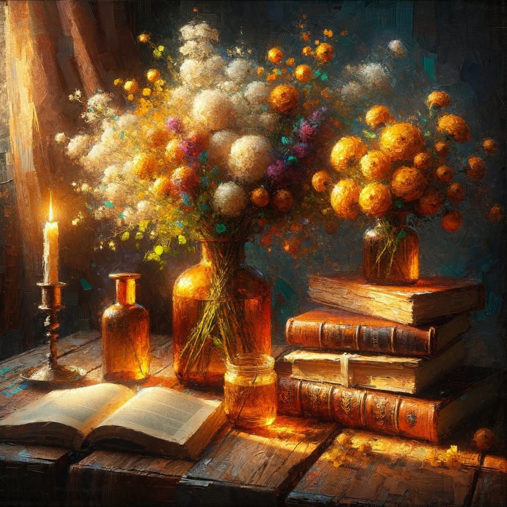 Impressionist Still Life: Amber Vases and Books