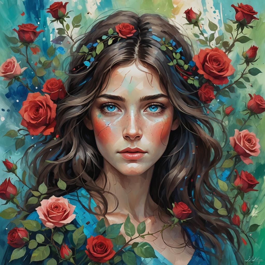 Ethereal Woman with Roses: Impressionistic Digital Painting