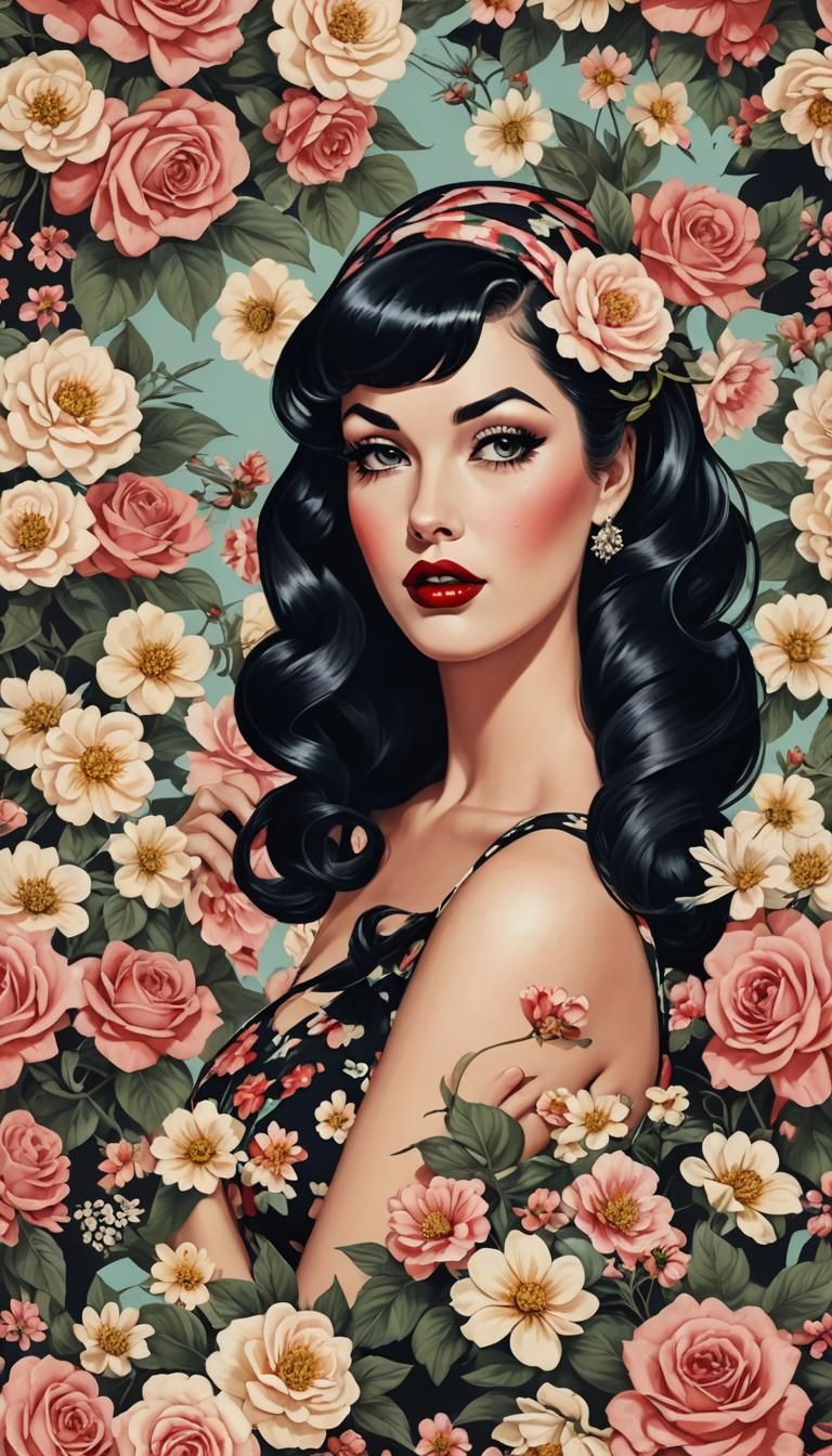 Classic Pin-Up Girl with Flowers
