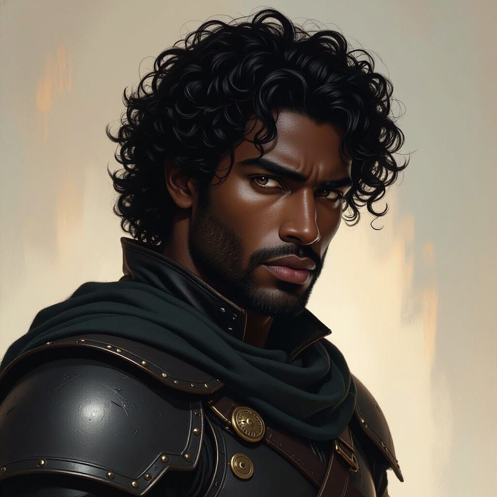 Intense Dark-Skinned Warrior in Leather Armor