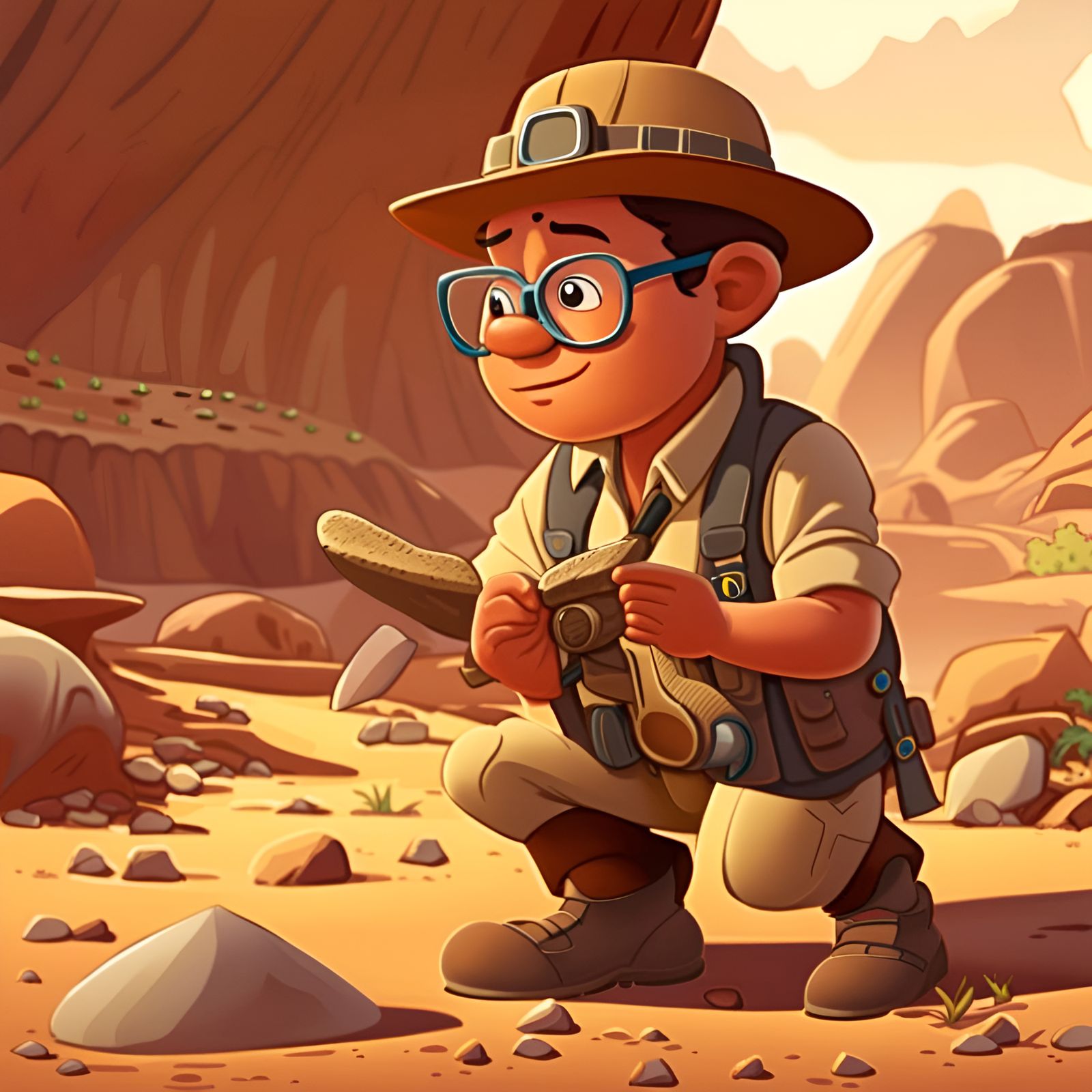 Cartoon Archeologist at Dinosaur Bone Site