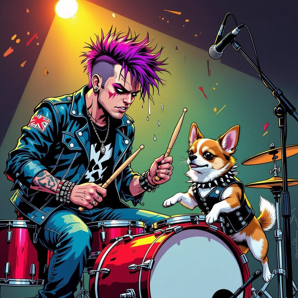 Punk Drummer and Chihuahua Duo in Comic Book Style