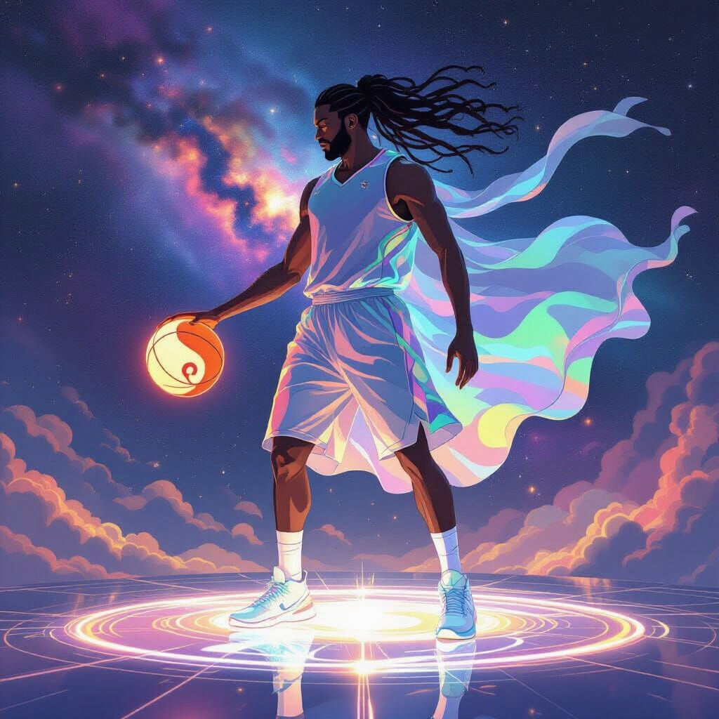 Cosmic Basketball Player on Platform of Light