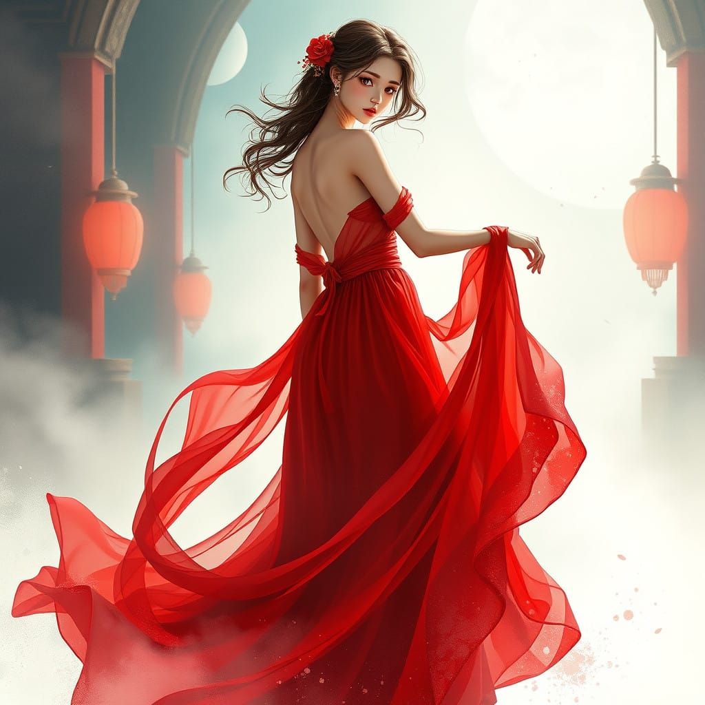 Elegant Lady in Vibrant Red, Digital Watercolor Art in Anime...