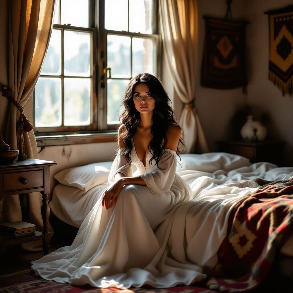 Elegant Woman in Bohemian Room, Chiaroscuro Style
