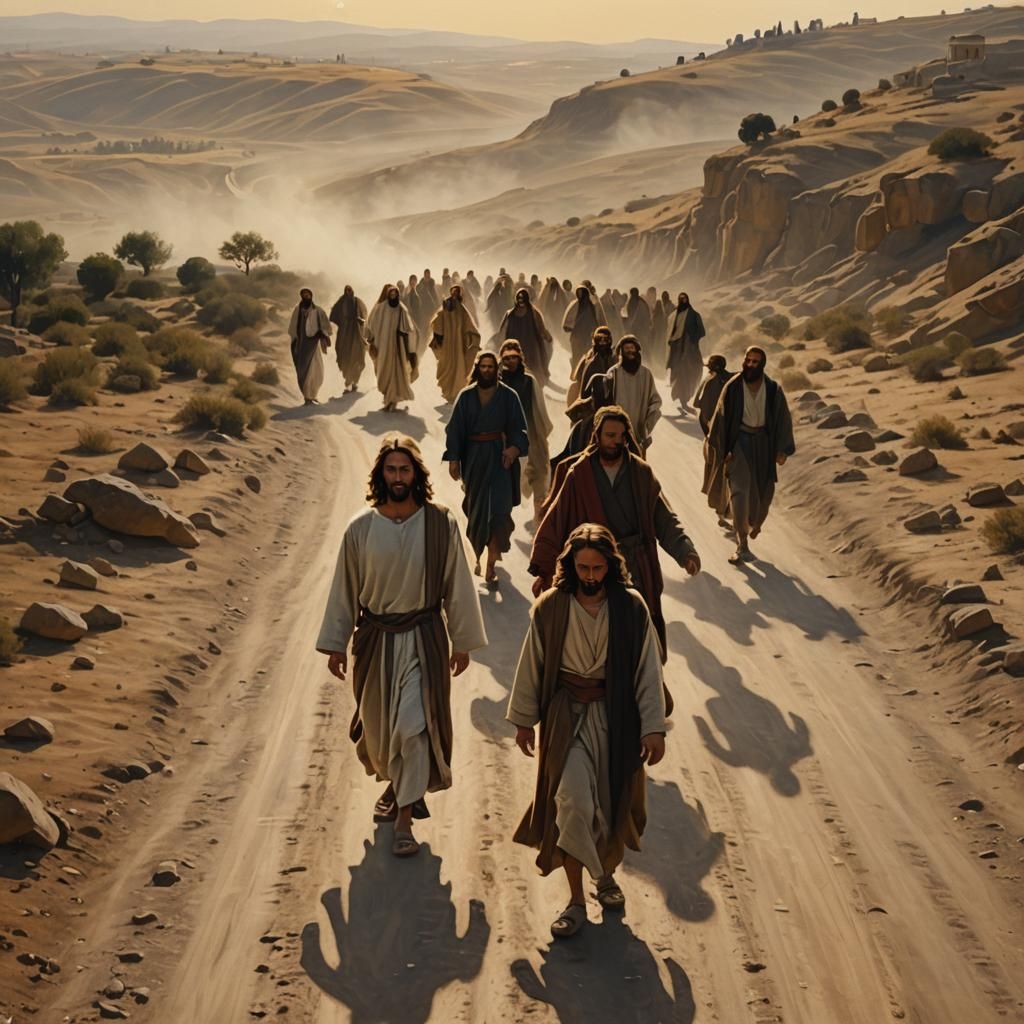Jesus and Disciples Journey to Jerusalem: Oil Painting