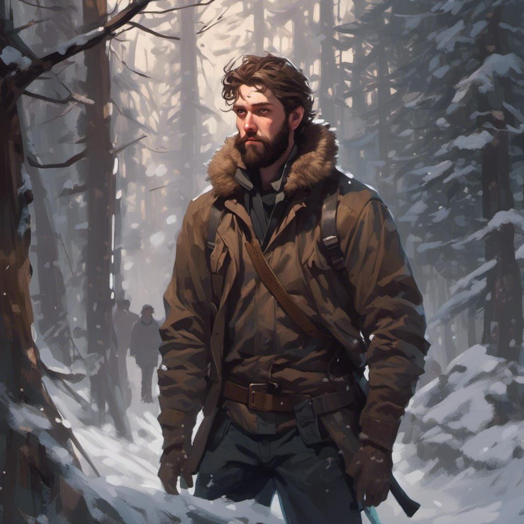 Young Man in Snowy Forest: Greg Rutkowski Style Portrait