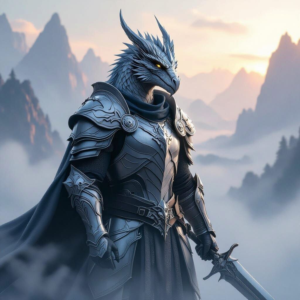 Silver Dragonborn Paladin in Misty Fantasy Landscape