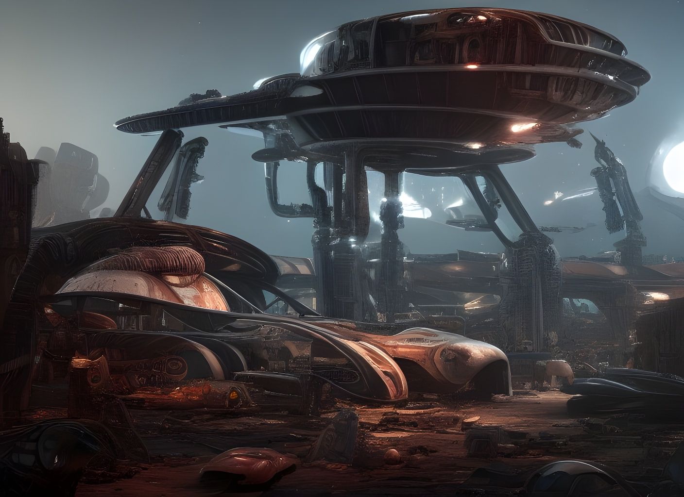 Eldritch Spaceship Junkyard in Ruins: Hyperdetailed Concept ...