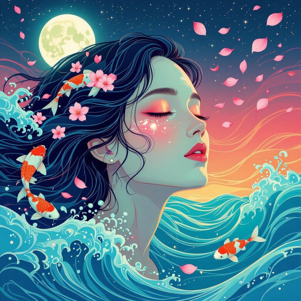Ethereal Woman Melting into Ocean Waves with Luminous Koi