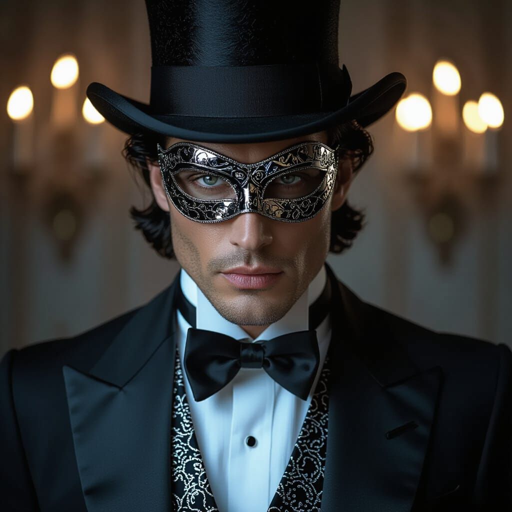 Photorealistic Man in Silver Tuxedo and Domino Mask