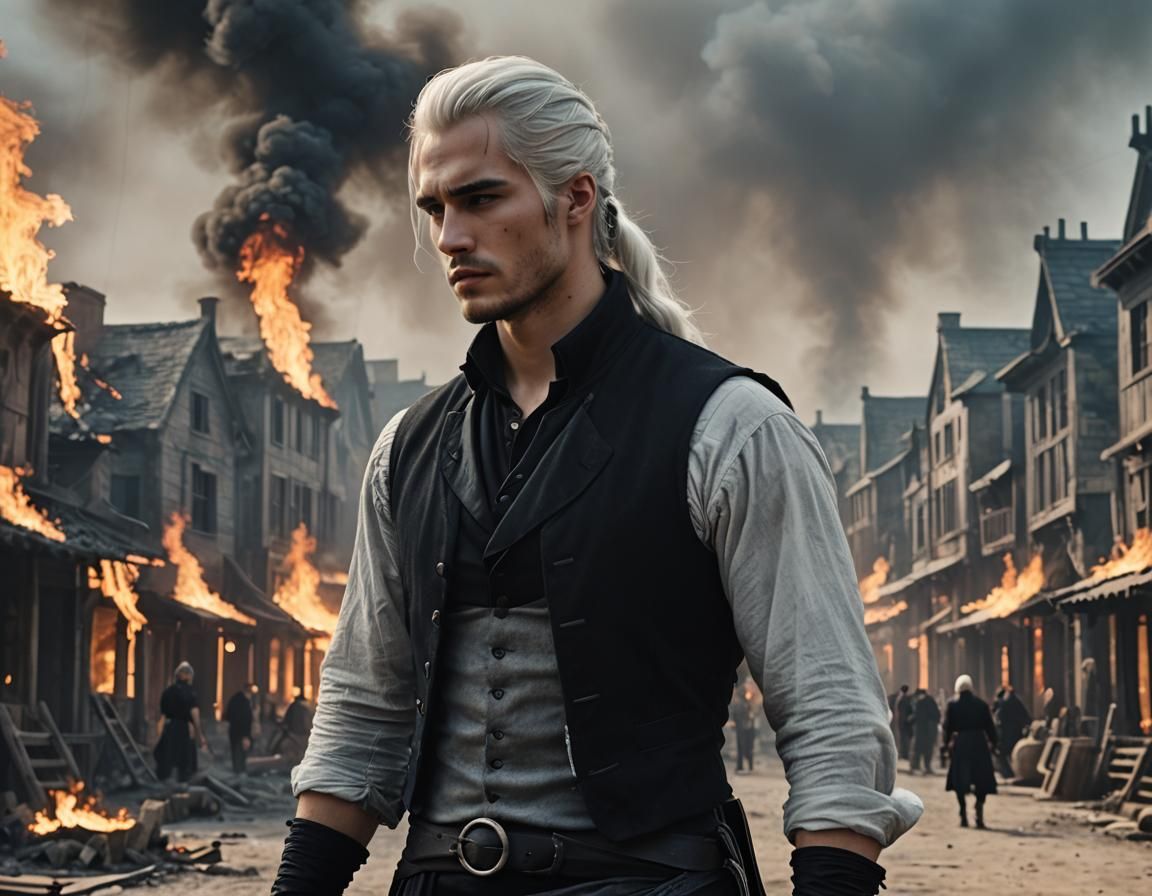 Fantasy Man in Burning Town: Cinematic Anime Art