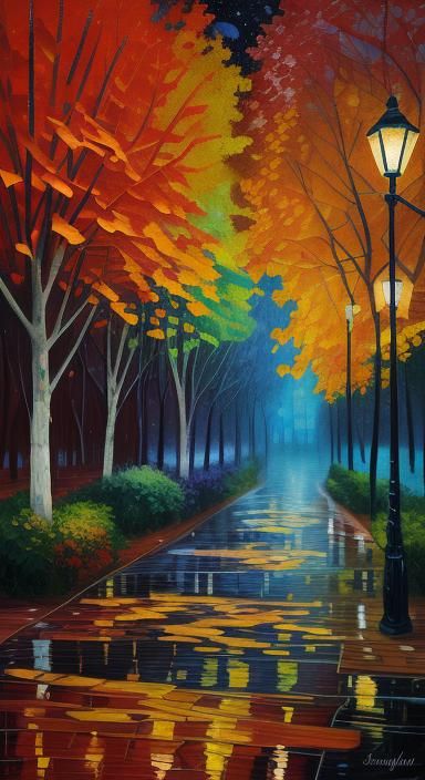 Rainy Autumn Night in Park, Paper Collage Style