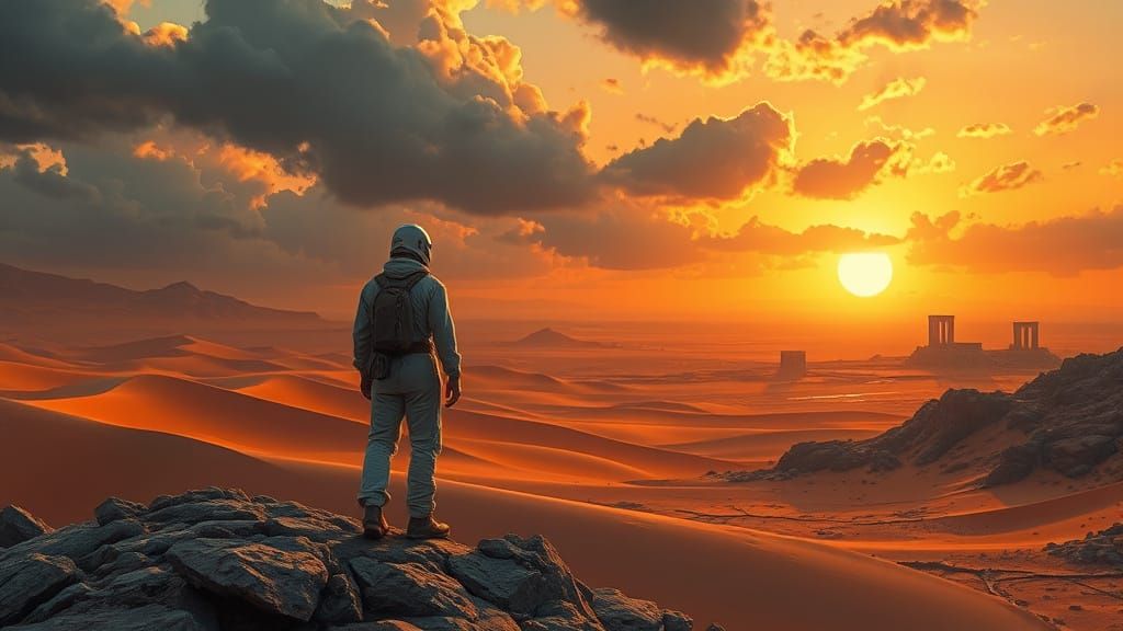 Alien Desert Sunset: Explorer at Ancient Ruins