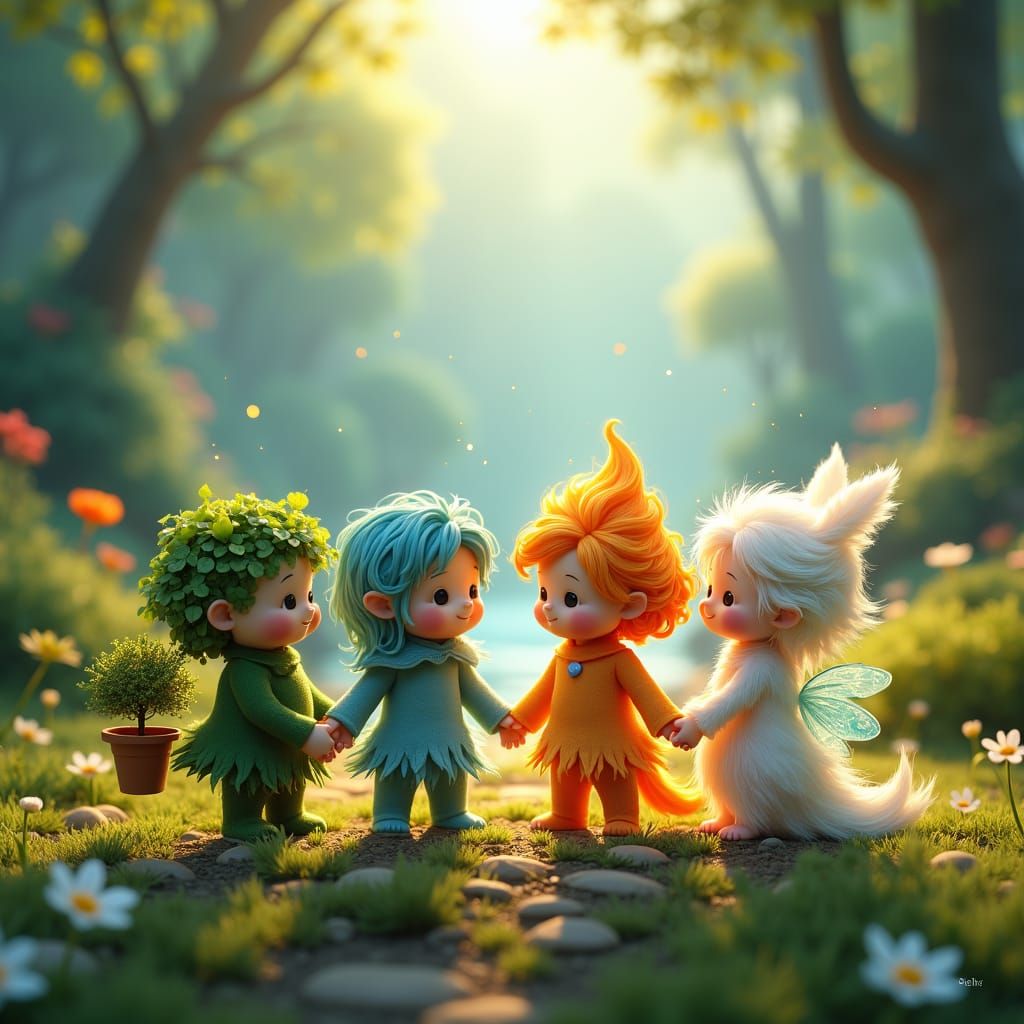 Adorable Elementals United in Harmony: Fantasy Concept Art