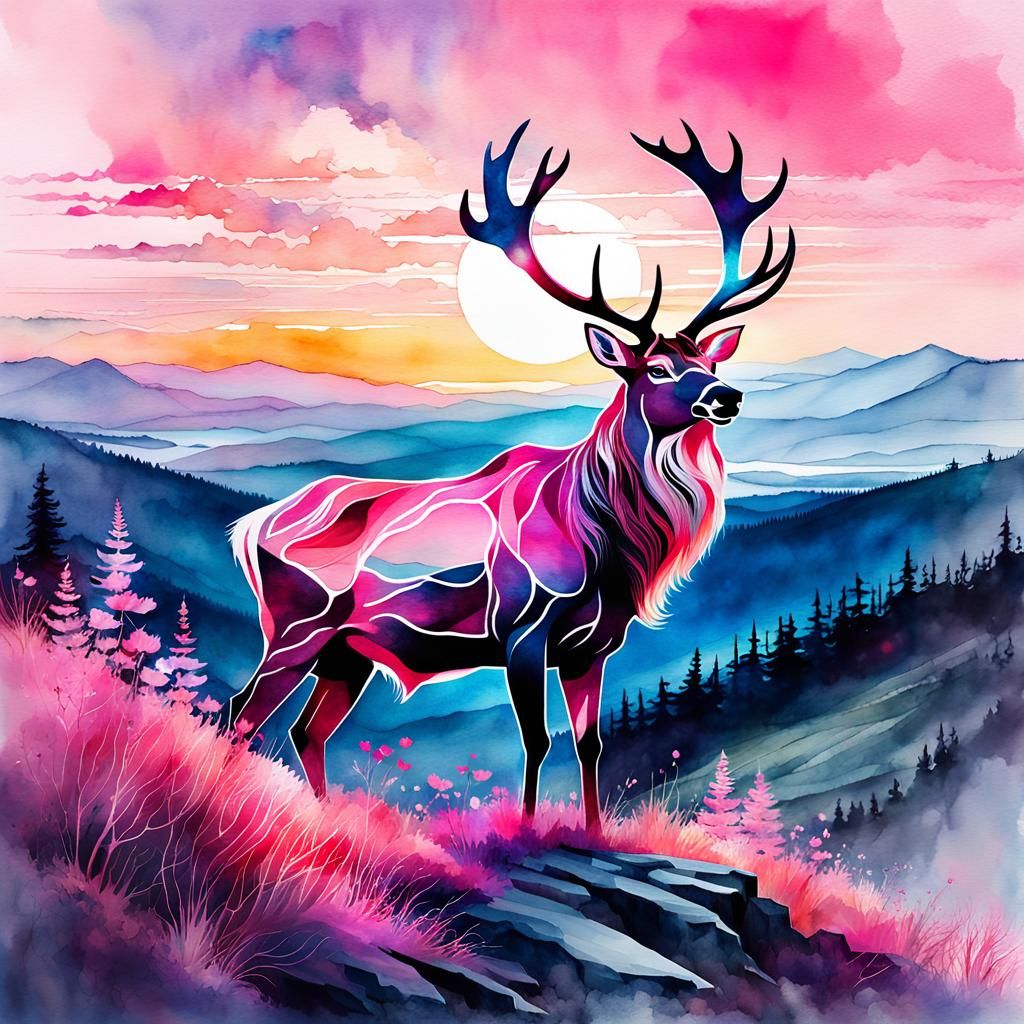 Pink Reindeer in Double Exposure Watercolor Style