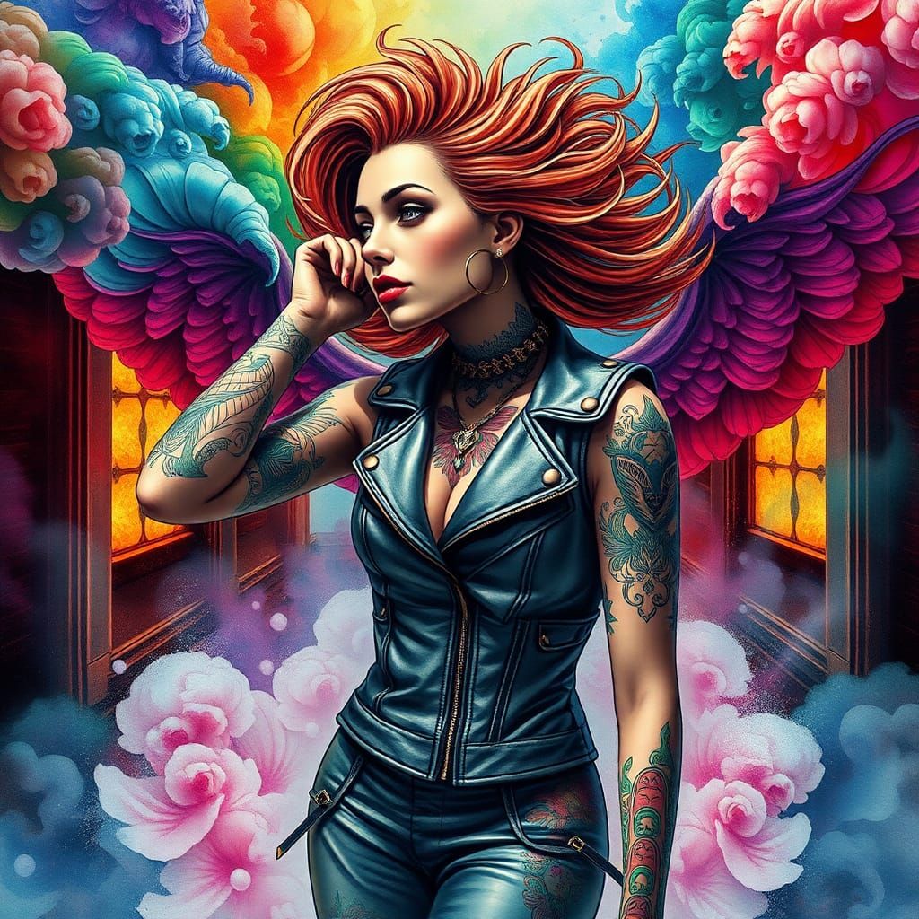 Surreal Tattooed Biker in Vivid Watercolor Style