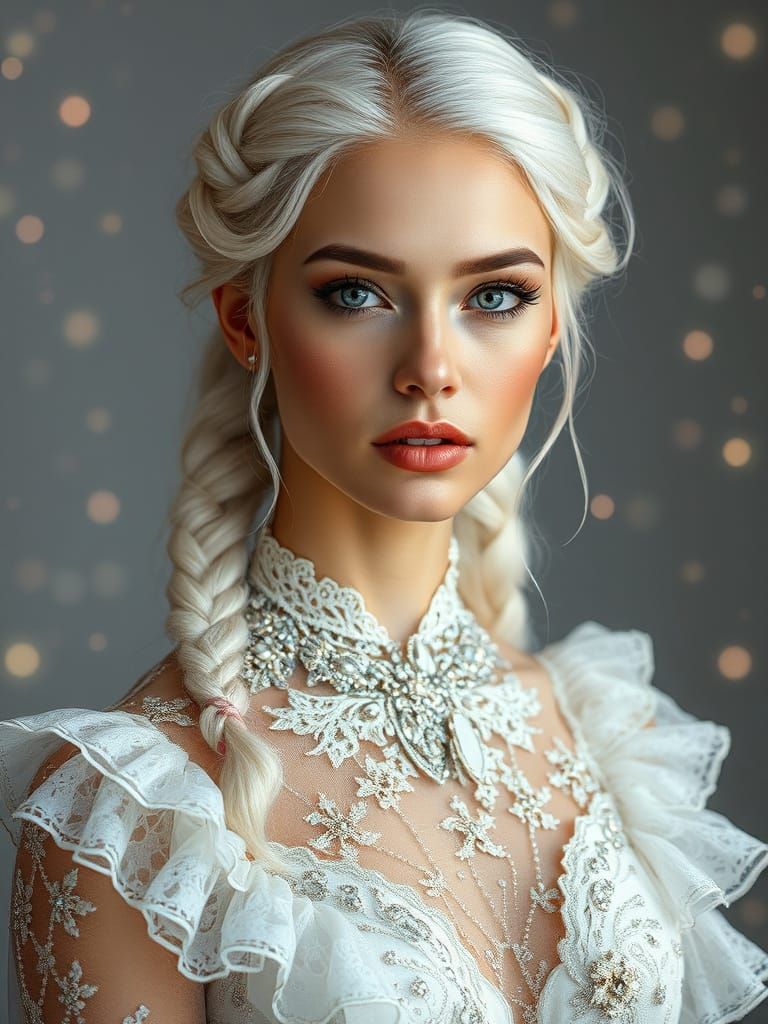 Elegant Woman with Platinum Braided Hair in Ethereal Glow