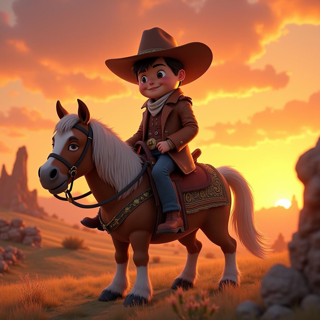 Crying Cowboy on Horse at Sunset