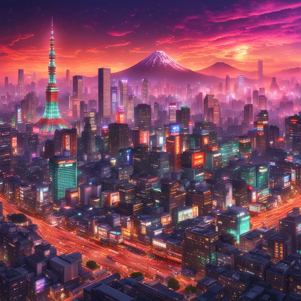 Vibrant Retro Tokyo Cityscape in Detailed Matte Painting