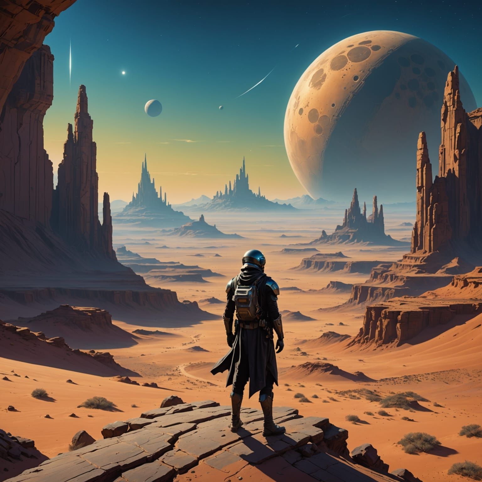 Explorer on Alien Desert Cliff Overlooking Ancient Ruin