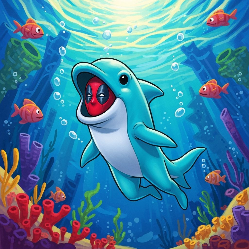 Deadpool as Dolphin Swims in Vibrant Ocean