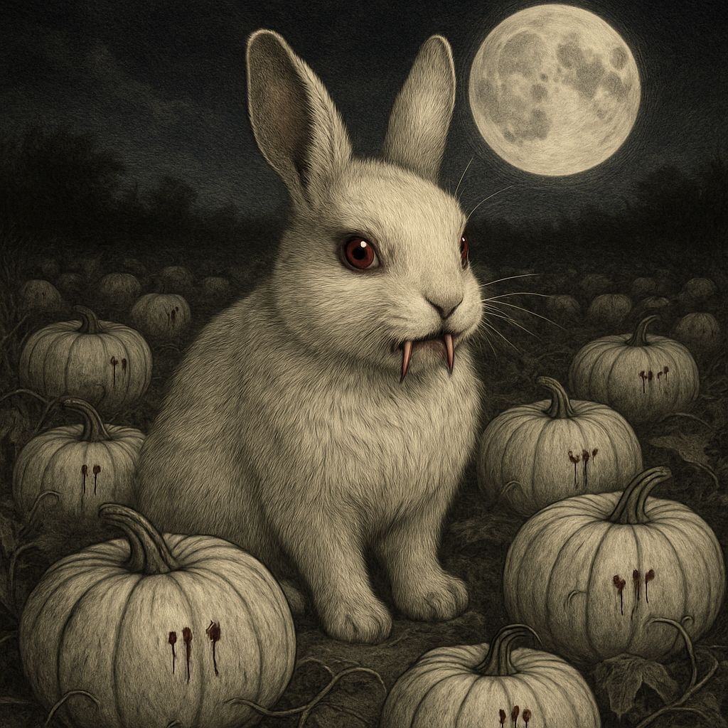 Vampire Bunny Among Fang-Marked Pumpkins at Night