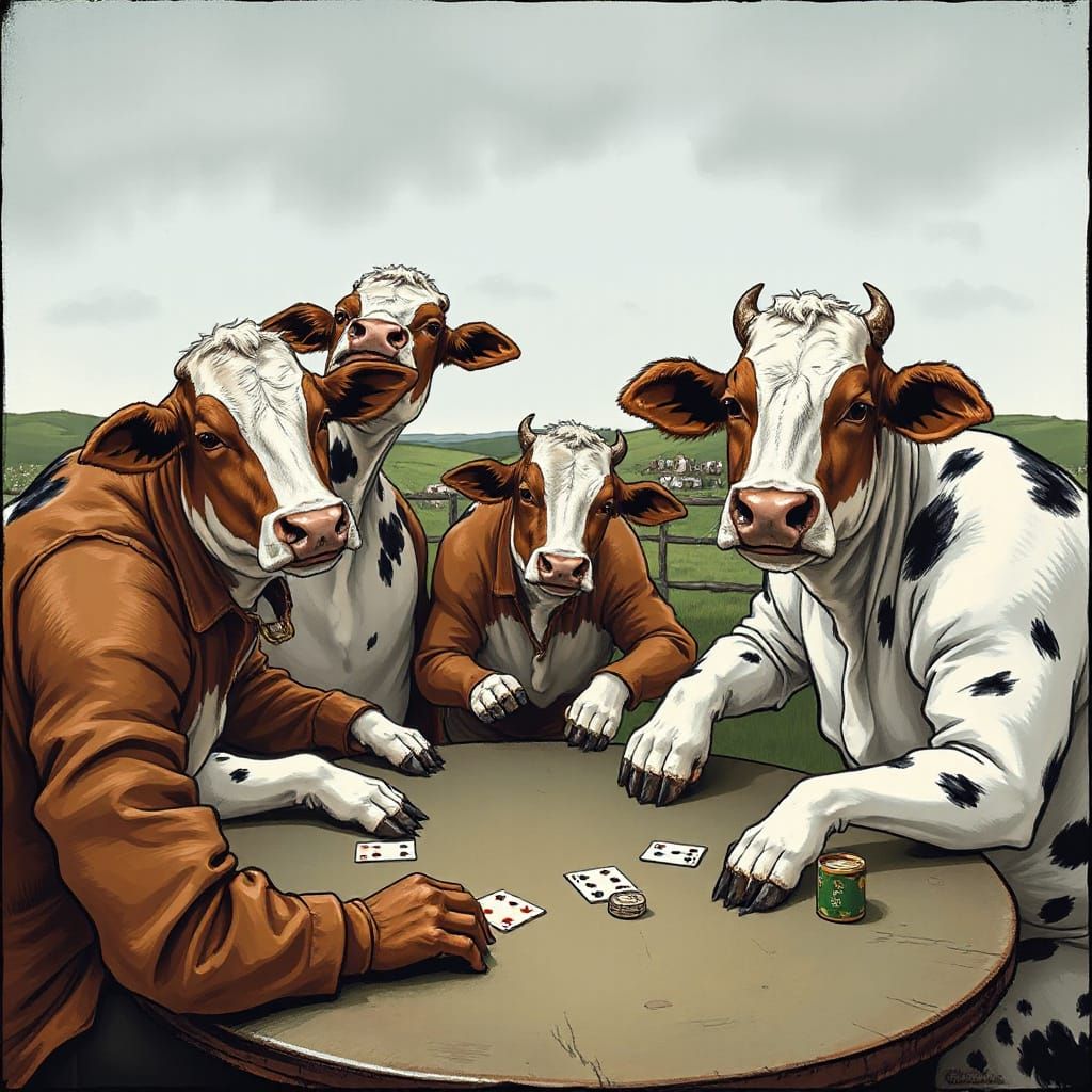 Cows Gather for a Poker Game in a Barn