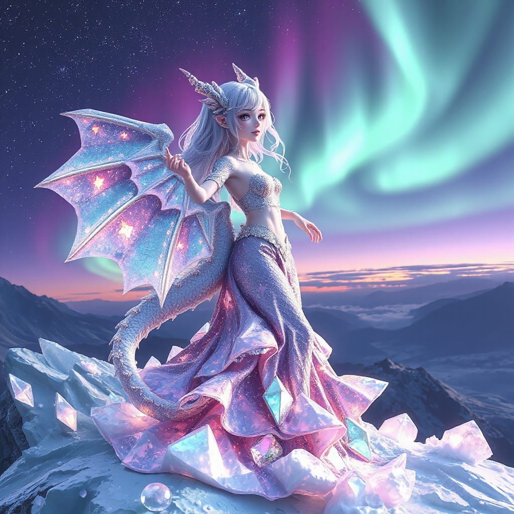 Celestial Anime Dragon Girl Dancing Under Aurora Borealis