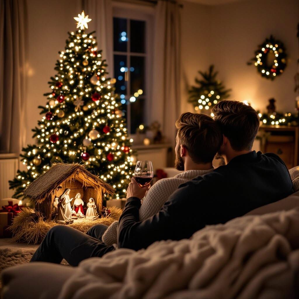 Cozy Christmas Eve Scene with Nativity and Couple