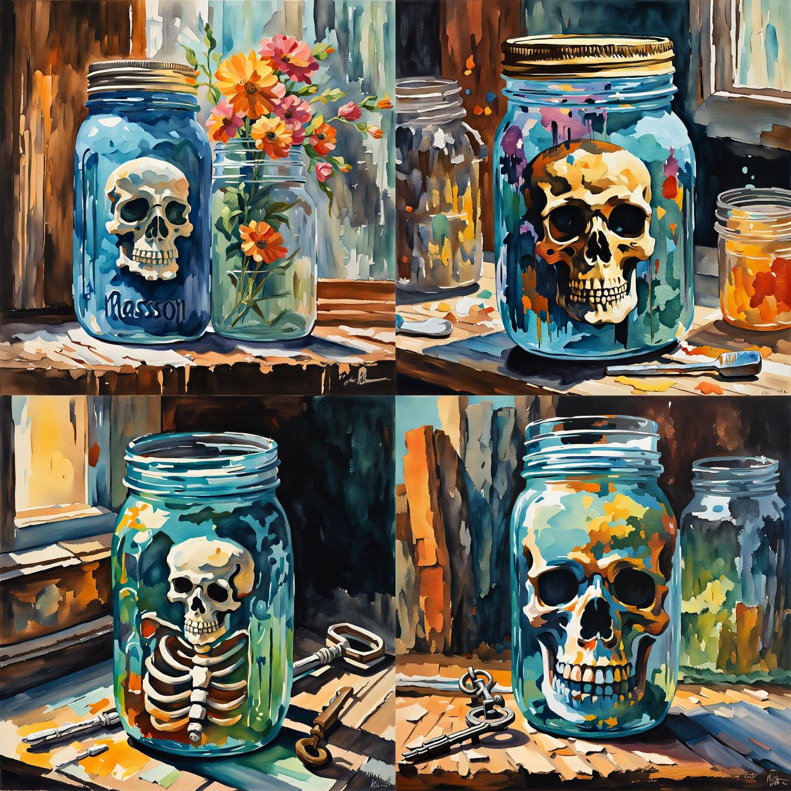 Skeleton Key in Mason Jar: Impressionist Gouache Watercolor