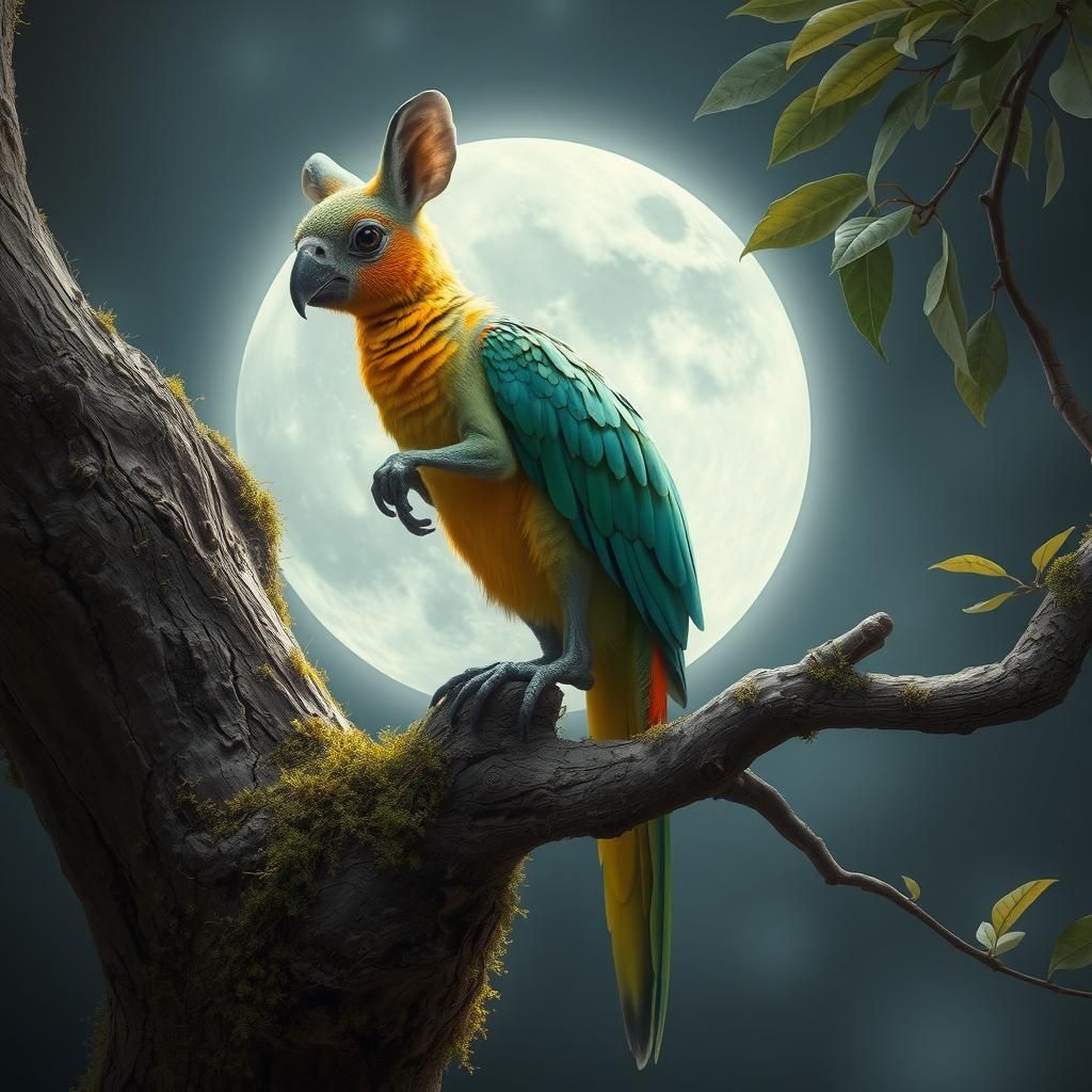 Surreal Kangaroo-Parrot Hybrid in Moonlight